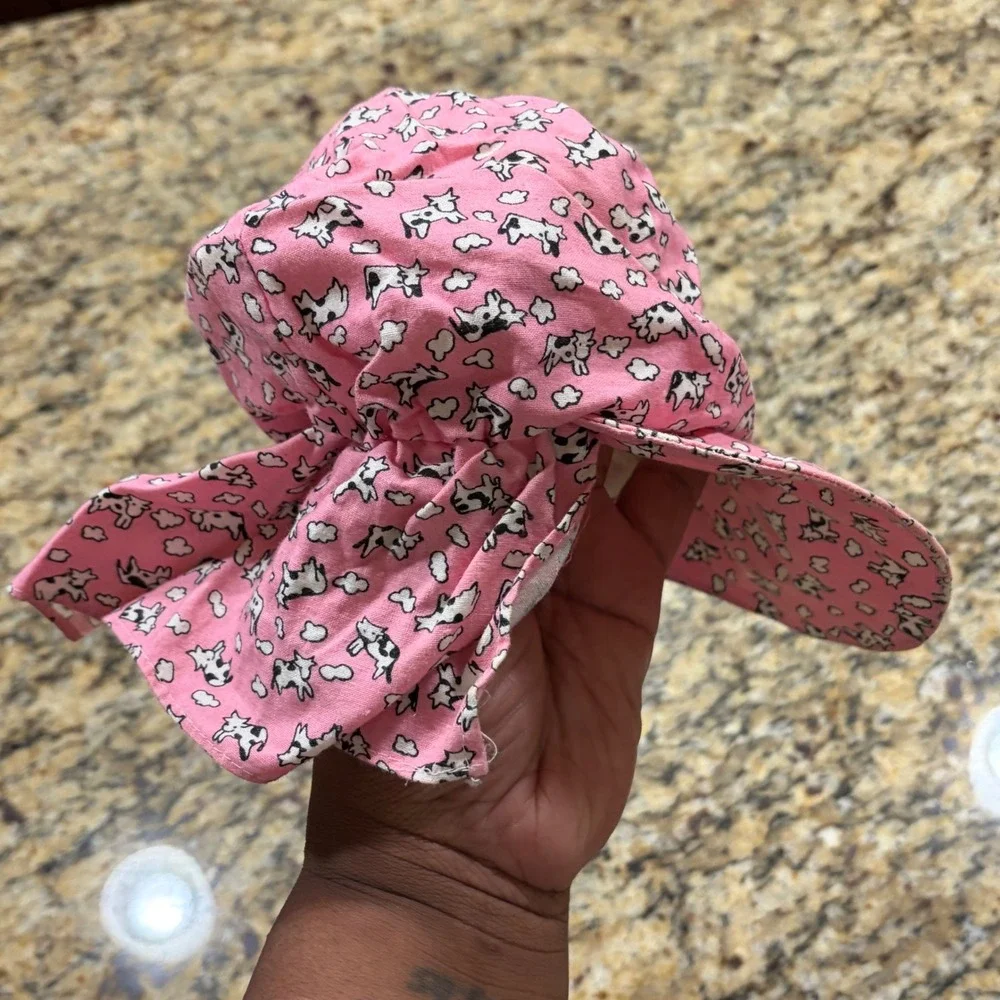 Vintage‎ 1987 Trop Hat Kids Pink Cow Print Flap Sun Hat Made in USA Size M